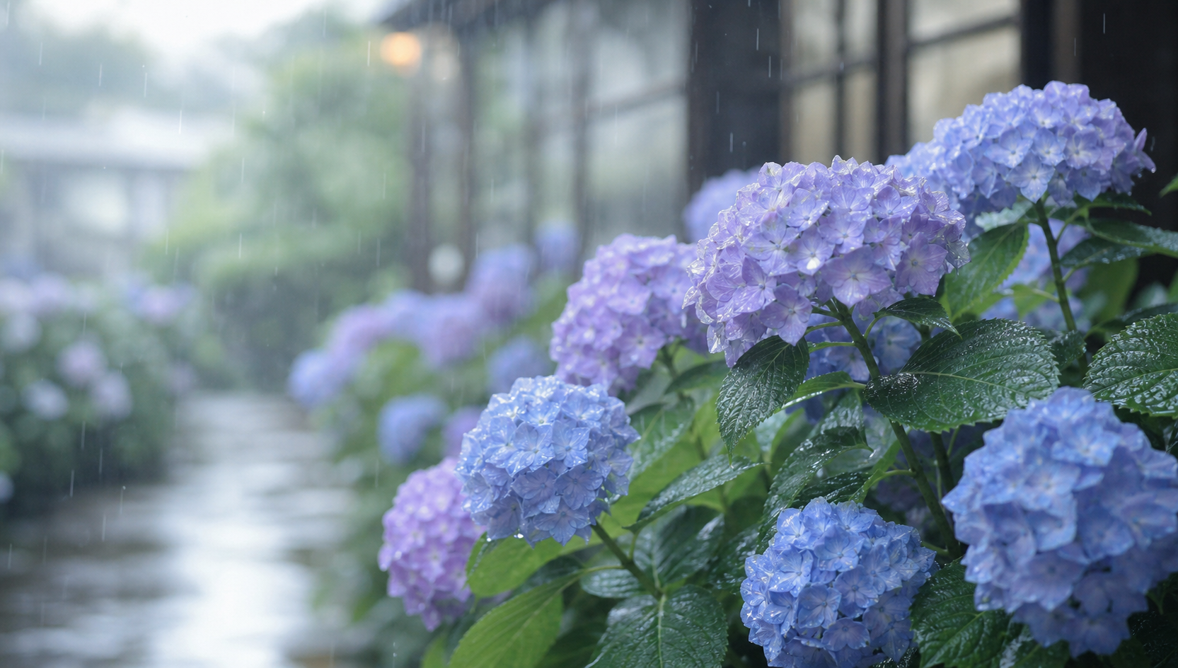 雨の日の紫陽花と柔らかな光