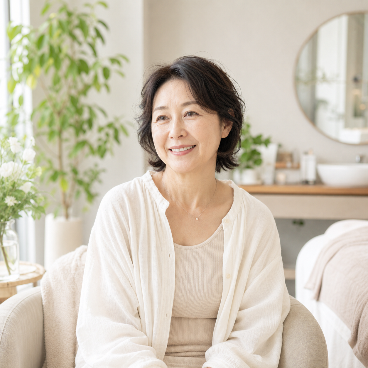 施術後のすっきりした表情で笑顔を見せる女性