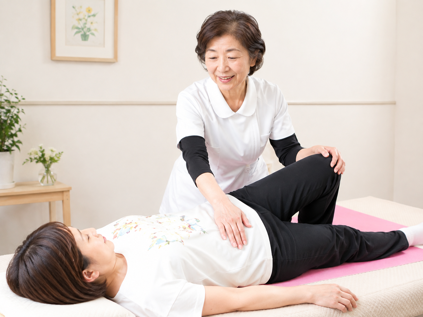 ベッドに横になった女性の脚と骨盤まわりを、やさしく確認する整体施術のイメージ