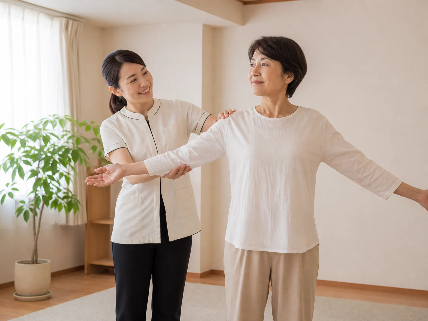施術者と一緒に腕の動かし方を確認する女性