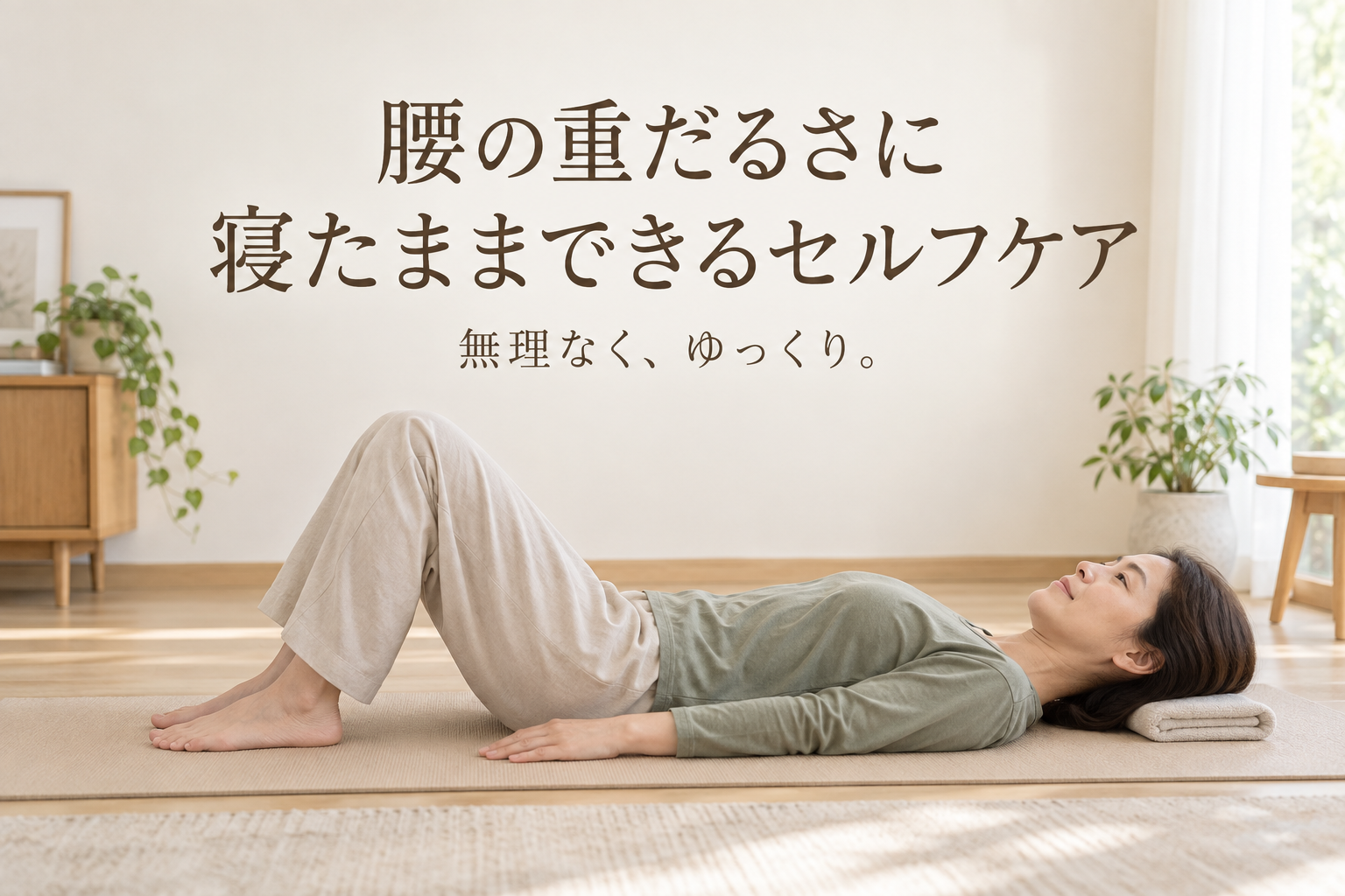 腰の重だるさに。仰向けで膝を立てて行う、寝たままできるセルフケアの写真イメージ
